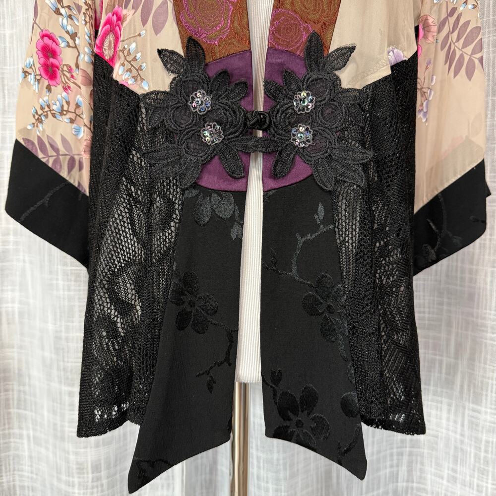 VTG Spencer Alexis Silk Blend Kimono Top L Floral Mesh Whimsical Feminine Artsy - Picture 9 of 15